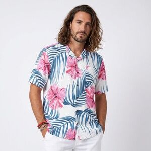 Standard Issue Men's Hawaiian Shirt - Pink Hibiscus & Blue Palm Print - Size M
